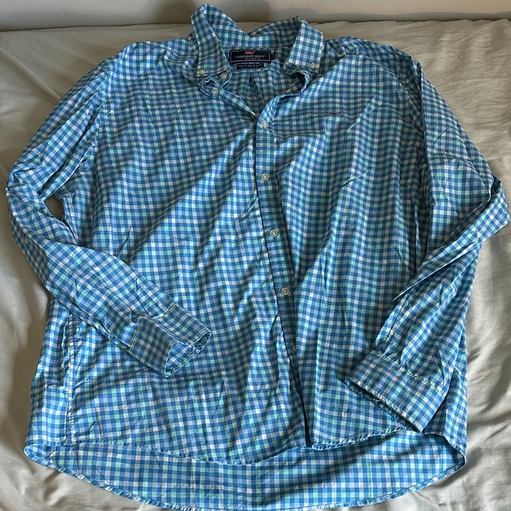 Vineyard Vines Blue and White Plaid Shirt